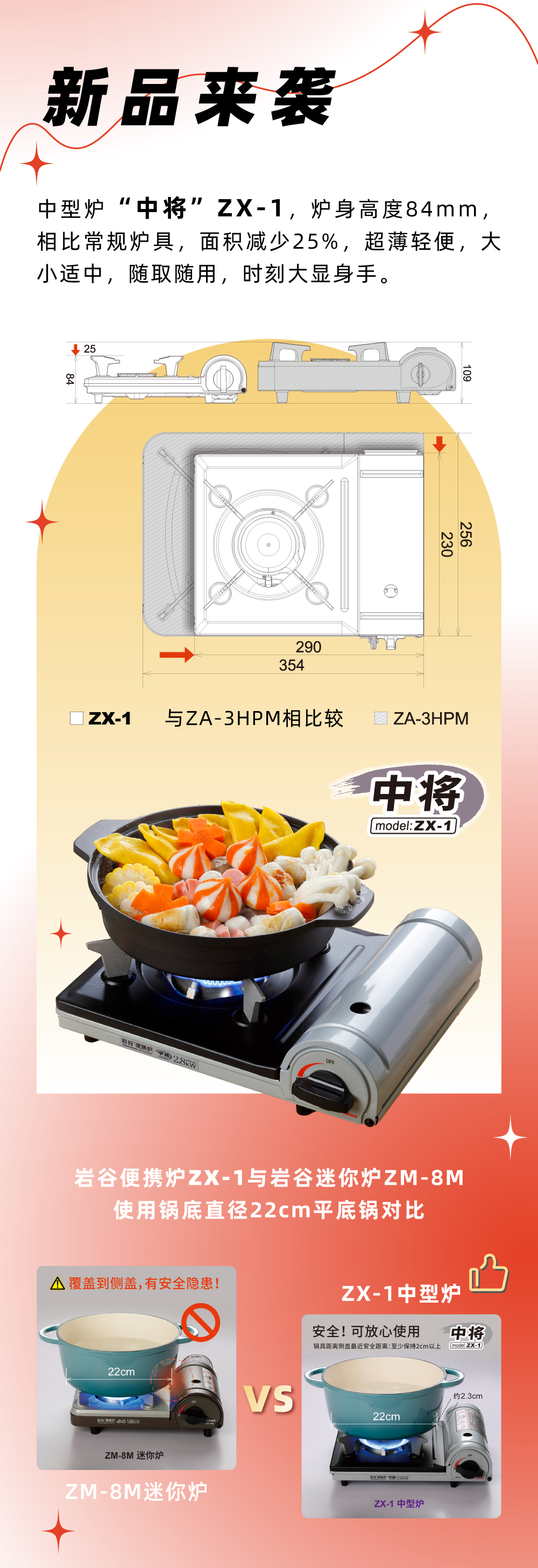AK（中国）便携炉ZX-1，炉身高度84mm，相比常规炉具，面积减少25%，
超薄轻便，大小适中，随取随用，时刻大显身手。